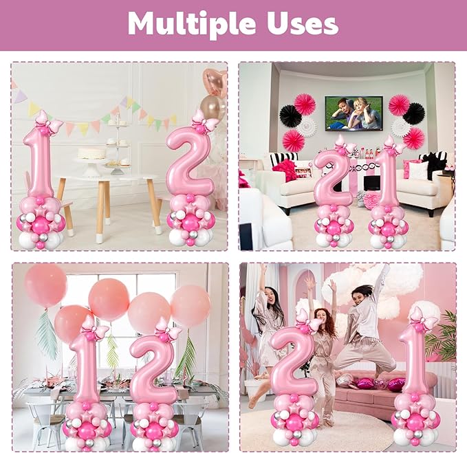 Pink Number 12 Balloons 40 Inch Pastel Pink 12th Birthday Party Decorations Baby Hot Pink White Number 21 Foil Balloon Tower with Bows Giant Large Digit Helium Balloon for Girls Women 21st Anniversary