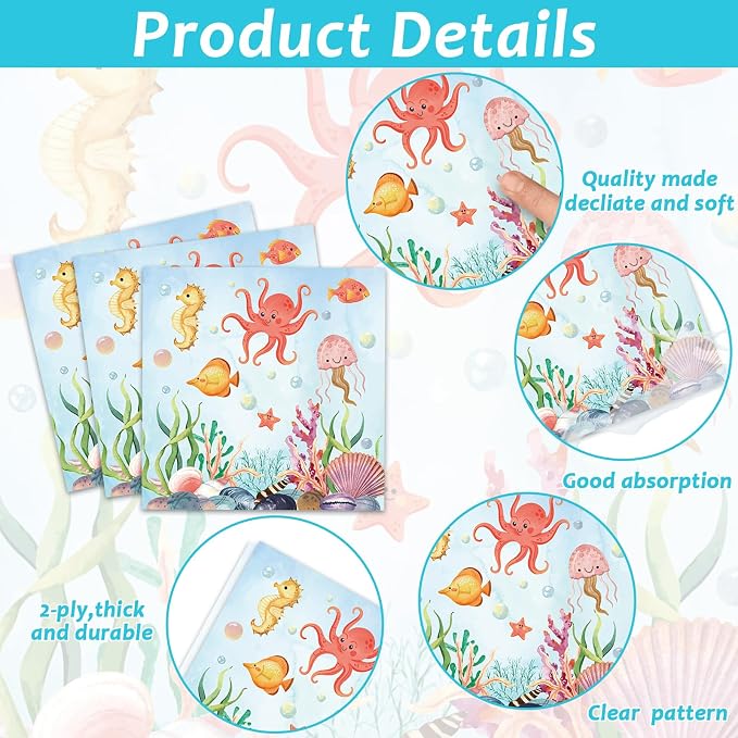 gisgfim 50 Guests Under the Sea Party Decorations Plates and Napkins Ocean Animals Birthday Paper Plates Napkins Tableware Set Underwater Sea Life Party Supplies for Birthday Baby Shower 200Pcs