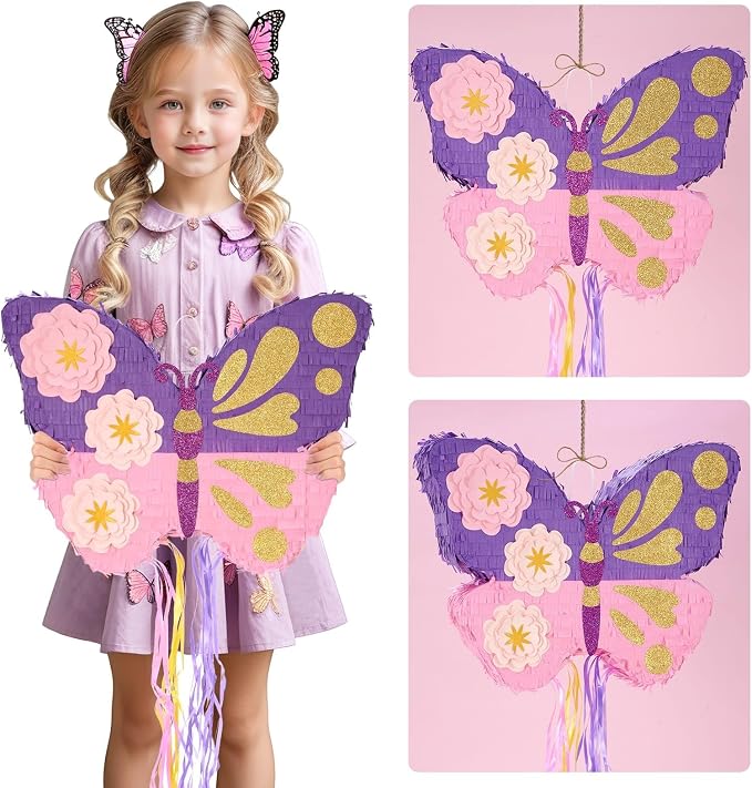 WERNNSAI Butterfly Piñata - Butterfly Birthday Party Supplies Piñata with Stick and Blindfold for Girls Kids Pull String Piñata Family Games Classroom Birthday Party Decorations 16.4” x 12.4”