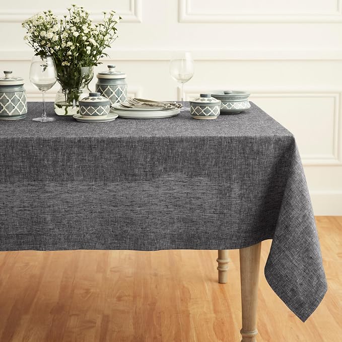 Solino Home Linen Cloth Tablecloth 52 x 52 Inch - 100% Pure Linen Chambray Black Square Tablecloth - Athena, Machine Washable Table Throw