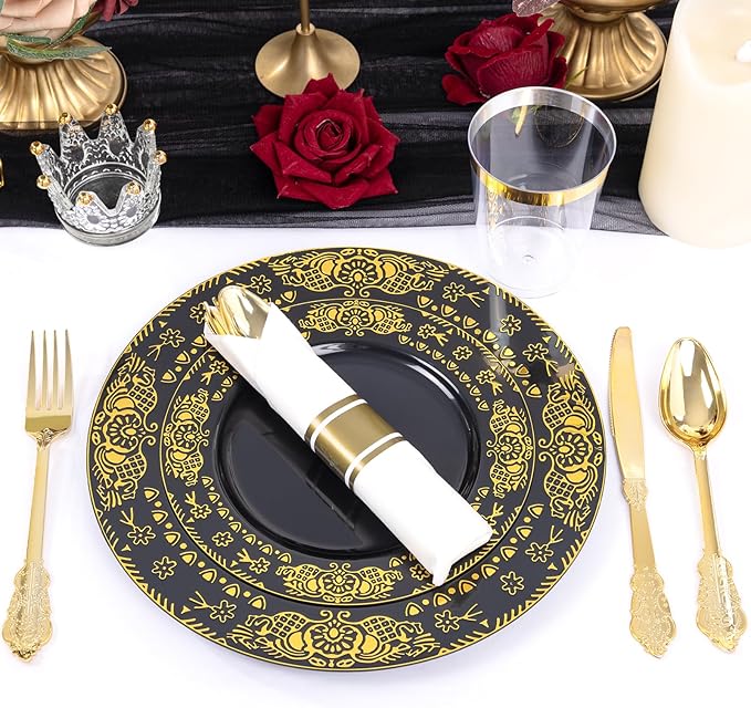 GATHER 350PCS Black and Gold Plastic Plates - Gold Disposable Dinnerware Set Include 50 Dinner Plates, 50 Dessert Plates, 150 Gold Plastic Silverware, 50 Napkins, 50 Cups for Wedding & Party