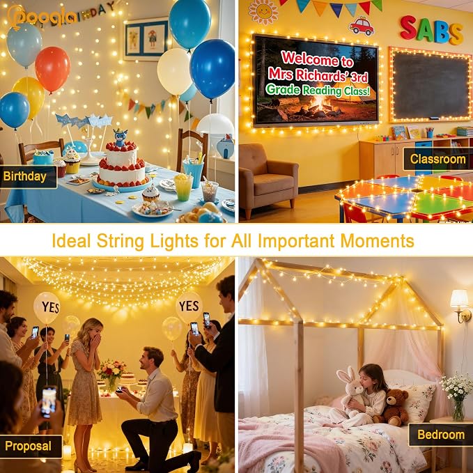 Pooqla 2 Pack String Lights Battery Operated, Total 66.6ft 200 LED Fairy Lights Indoor Outdoor Decorations, 8 Modes Warm White Battery Christmas Lights for Bedroom Classroom Porch Party Yard Decor