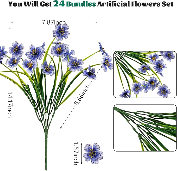 Lnoicy 24 Pcs Artificial Flowers for Outdoor,Plastic Flowers Decoration, UV Resistant Faux Flowers Shrubs, Artificial Plants for Indoor Outside Garden Home Wedding Farmhouse(Blue)