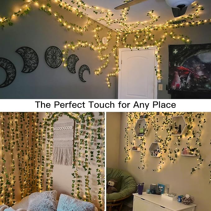 suddus Vines with Light for Bedroom, 200 LED Fairy Lights with Vines, Ivy Curtain Lights for Dorm, Wedding, Party, Wall, Indoor, Outdoor Decor, 6.5ft x 6.5ft with Remote（Warm White）