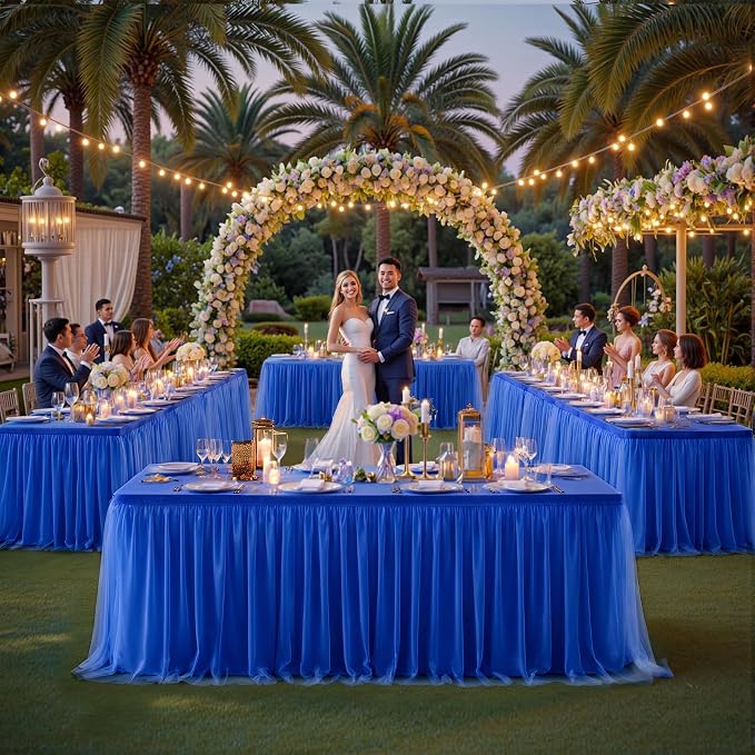 Suppromo 6 Pack 8ft Royal Blue Tulle Tablecloths for Rectangle Tables 8 Foot Rectangular Table Cloth Wrinkle Free Tablecover with Tutu Skirt for Baby Shower Wedding Birthday Party Banquet Buffet Cake