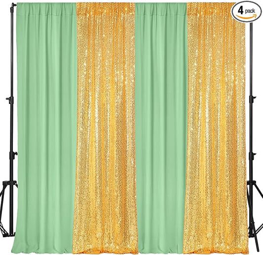 VitalCozy 4 Panels Backdrop Curtains 2 Pcs 4 x 10 ft Sequin Glitter 2 Pcs 7 x 10 ft Chiffon Photo Background Curtains for Graduation Wedding Birthday Party Decorations(Grass Green, Gold)