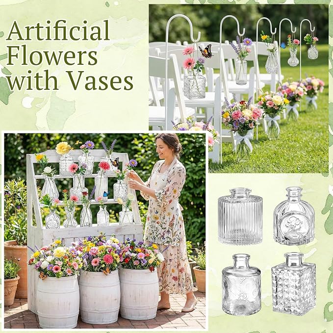 36 Pcs Artificial Flowers Table Centerpiece with Vases Colorful Wildflower Centerpieces Silk Flower Arrangement for Wedding Baby Shower Table Centerpieces Party(Fresh Color,Clear)