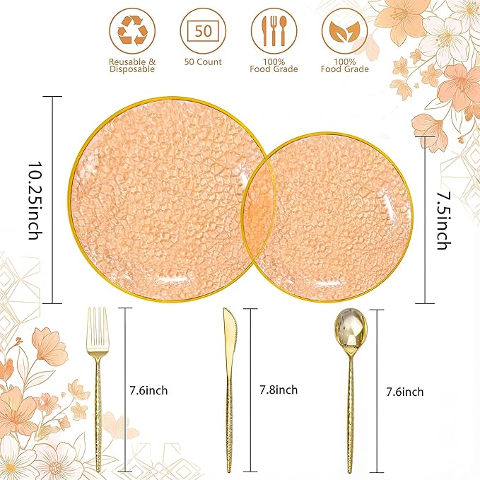 I00000 150Pcs Clear Orange Plastic Plates with Gold Rim,Orange Disposable Plastic Plates,Gold hammer patterned Disposable plates Set include 30 Dinner Plate,30 Dessert Plate,90 Silverware Set