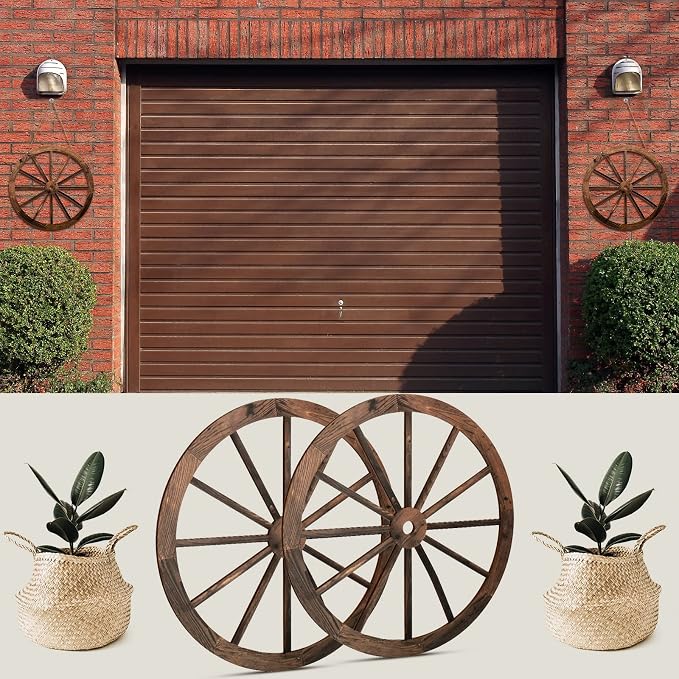 Qunclay 2 Pcs Wagon Wheel Decor Wooden Western Cowboy Party Decorations Vintage Rustic Wagon Wheel Wood Cartwheel Decor for Bar Garage Indoor Outdoor (Brown,12 Inch)