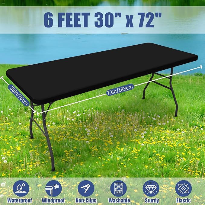 Moosfor Spandex 6 Foot Rectangle Table Cloth 4 Pack, Elastic Fitted Tablecloths for Picnic, Stretch Washable Patio Table Cover for Outdoor, Camping, Banquet and Parties (Black, 30"x72")