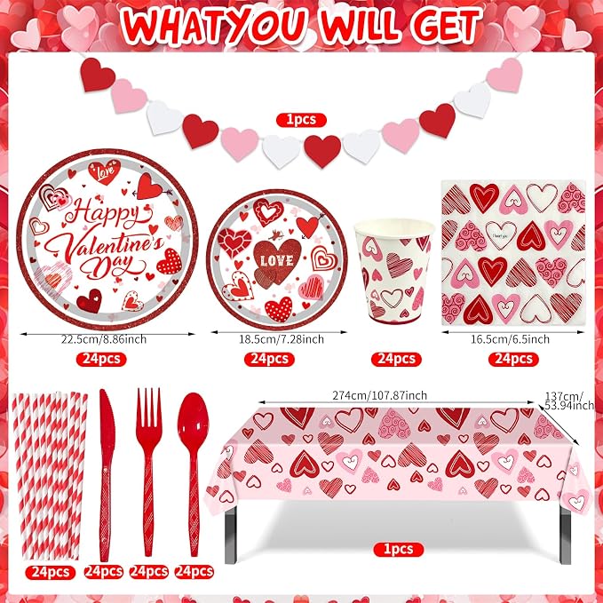 Valentines Day Party Supplies Set for 24, Valentine's Day Plates and Napkins Valentines Tablecloth Cups Valentine Disposable Dinnerware for Valentine's Days Party Decorations