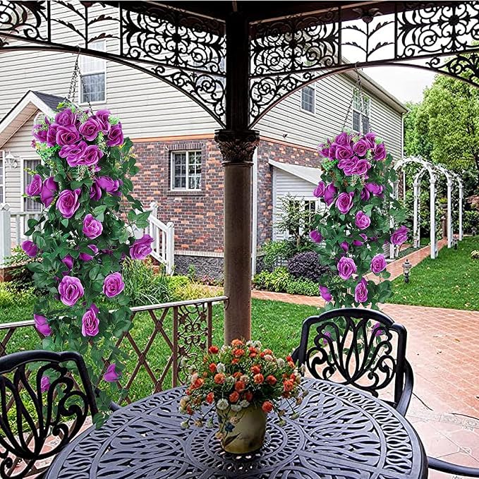 RECUTMS 2PCS Artificial Hanging Rose Flower Plants, 37 Inch Purple Fake Silk Floral Ivy Garlands for Outdoors Home Room Garden Front Porch Wedding Arch Bridal Shower Easter Indoor Party Greenery Decor
