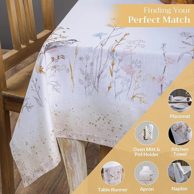 Maison d' Hermine Table Cloth Rectangle Table 100% Cotton 60 x 120 Inches Tablecloth Reusable Decorative for Dining Kitchen Room Farmhouse Party Hotel Restaurant Spring Summer - Meadow Florals - Beige
