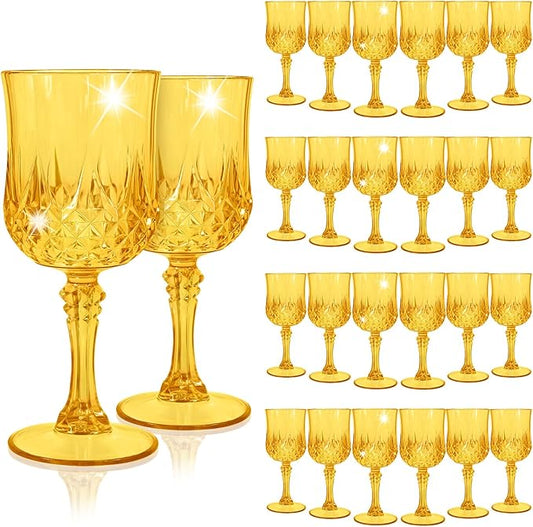 24Pack Gold Plastic Wine Glasses,Vintage Plastic Goblets for Parties, Light Gold Drinking Glasses Crystal Water Goblets Reusable for Wedding Reception, Grand Event Party Supplies