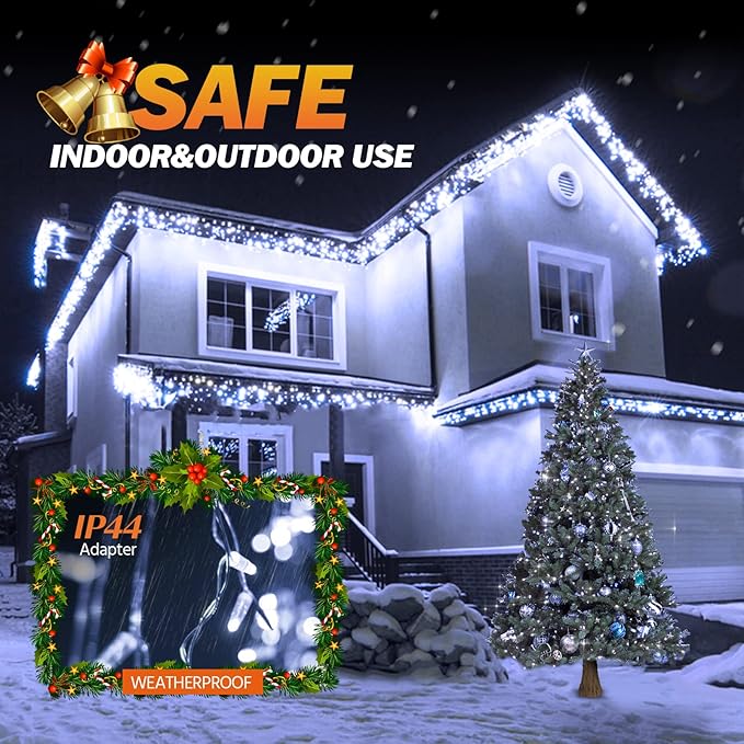 USOKYO Icicle Christmas Lights Outdoor, 480 LED 39FT String Lights With 96 Drops, 8 Modes and Timer, Twinkle Fairy Lights for House Patio Bedroom Wedding (Cool White)