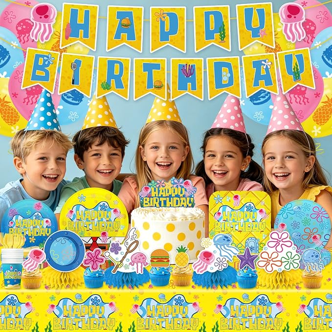 Ocean Themed Birthday Party Decorations 132pcs Under the Sea Birthday Supplies Include Banner Plates Napkins Cups Forks Tablecloths Balloons Cake Toppers and Honeycomb Centerpieces for Party Decor
