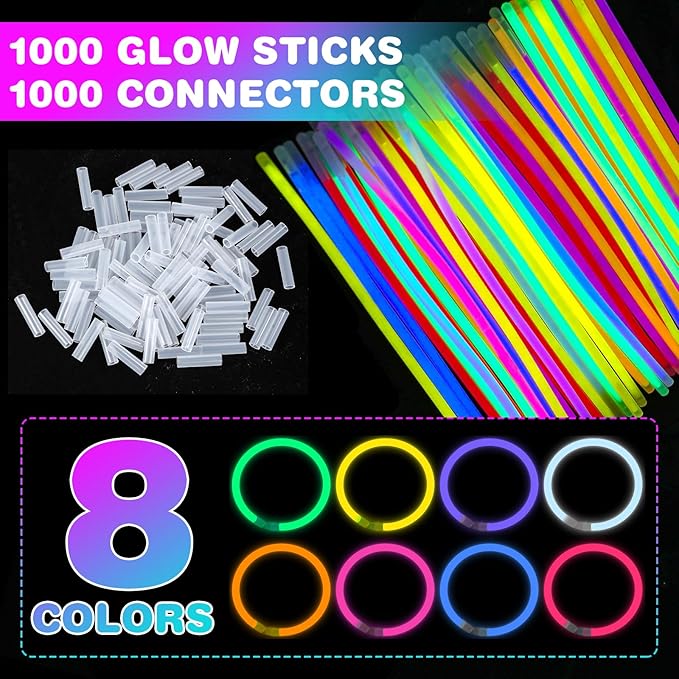 YixangDD 1000 PCS Ultra Bright Glow Sticks, 8 Inch Glow Sticks Bulk Party Pack, Light Up Sticks for Glow Bracelets, Necklaces, Concerts, Christmas, Party Supplies with 1000 Connectors