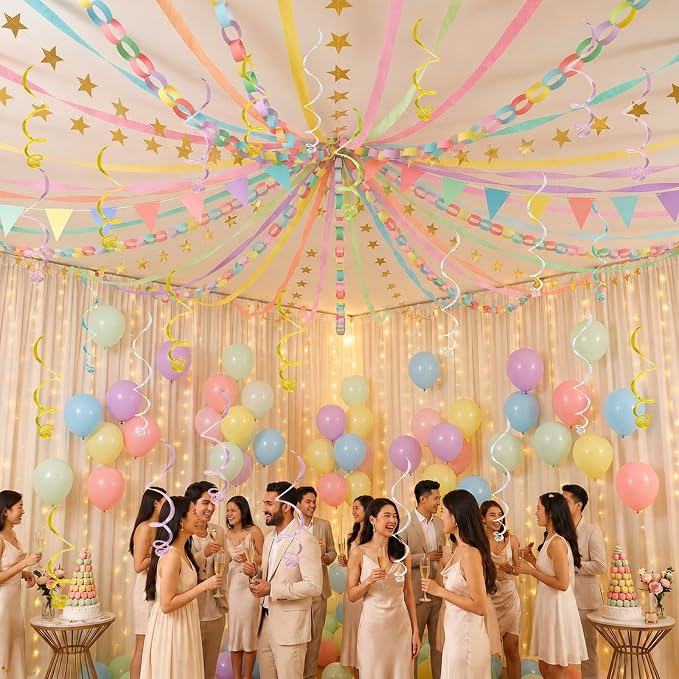 345pcs Pastel Birthday Decoration Fancy Paper Chains Crepe Paper Streamers Pennant Banner Flags Gold Star Garlands Hanging Swirls Pastel Balloons for Wedding Graduation Birthday Baby Shower Decors