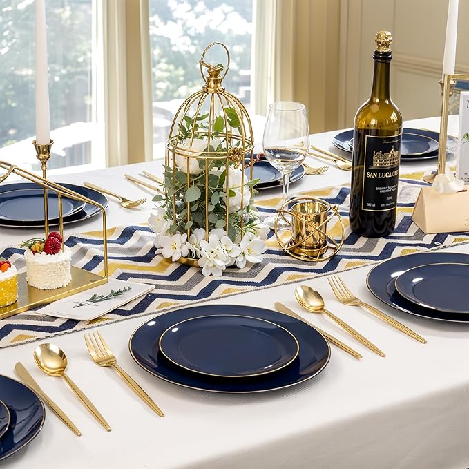 bUCLA 150PCS Blue and Gold Plastic Plates - 25 Guests Navy Blue Plastic Dinnerware Disposable for Party and Graduation - Include 25 Dinner/Dessert Plates, 25 Knives, 25 Forks, 25 Spoons, 25 Cups