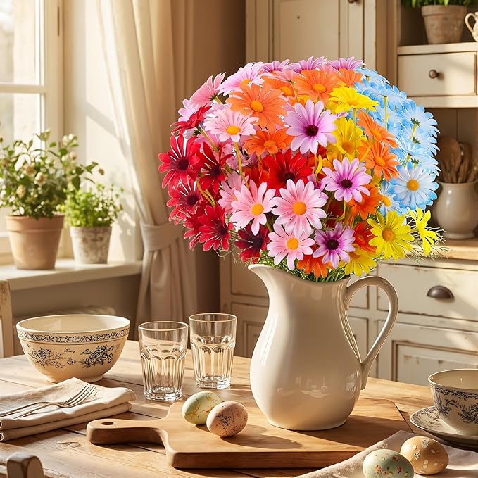 Giegxin 100 Pcs Artificial Daisy Flowers Bulk Realistic Fake Daisies Faux Wildflower Daisy UV Resistant Silk Fake Flowers Plants for Outside Wedding Garden Home Table Decor (Mix Colors)