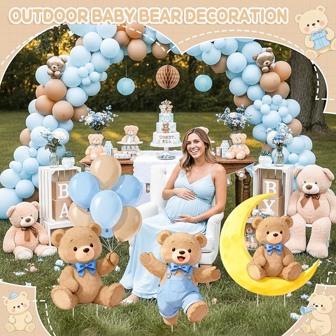 3Pcs Blue Bear Baby Shower Decorations, Large Moon Bear Cardboard Cutout Standup with Yard Stakes & Stands for Boy Bear Birthday Indoor Outdoor Photo Booth Props Cartoon Party Supplies