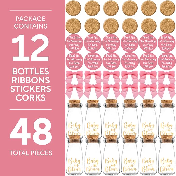 Ethisa Vintage 12 Pack Baby in Bloom Milk Glass Bottles with Ribbons and Stickers - Classy Baby Shower Favors for Guests and Table Centerpieces - Dusty Pink Floral Decorations and Candy Jar Keepsakes