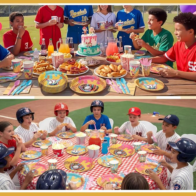 FoldTier 350 Pcs Ice Cream Drip Baseball Birthday Party Decorations Set Ice Cream Paper Plates Napkins Fork Set Disposable Fairy Tableware Decorations Supplies for Baby Shower Dinner Serves 50