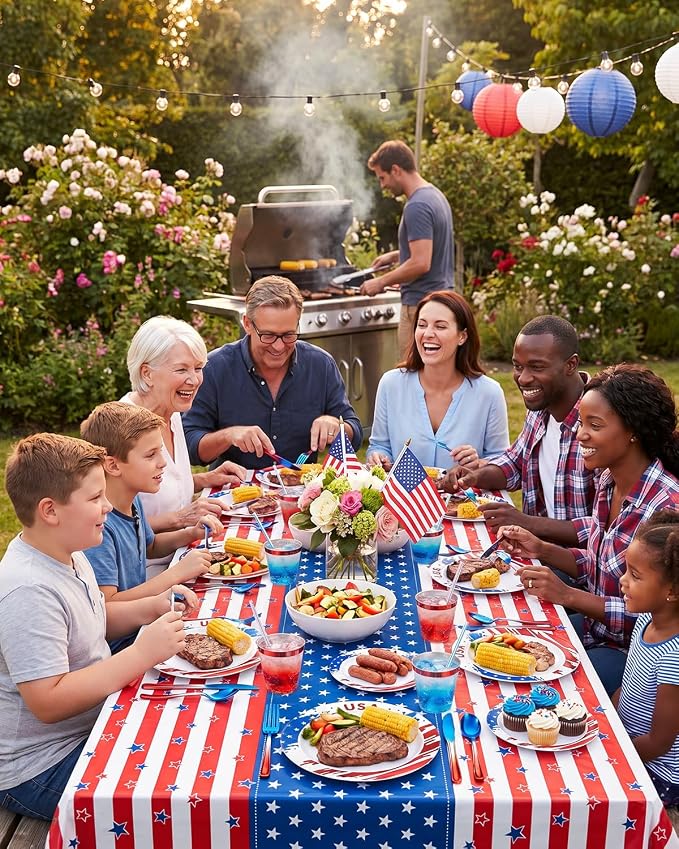 Goodluck 350 Piece 4th of July Red Blue Plastic Dinnerware Set for 50 Guests, Disposable Plates for Independence Day Supplies, Include: 100 Plates, 50 Pre Rolled Napkins with Silverware, 50 Cups