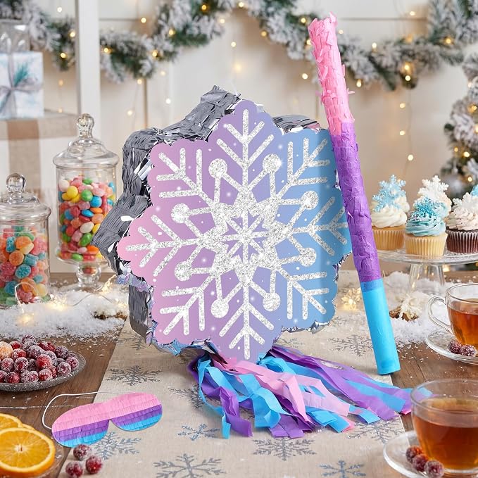 VioraWhite Snowflake Piñata Snowflake Birthday Decorations Wonderland Birthday Party Supplies Piñata with Blindfold Stick for Princess Party Supplies Decorations