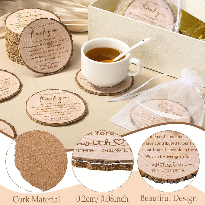Hushee 200 Pcs Wedding Favors for Guests Natural Cork Coasters Bulk with Organza Bags Rustic Wedding Favors Souvenirs Thank You for Celebrating with Us Return Gifts Bridal Shower Party Decorations