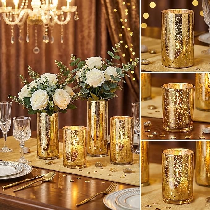Willceka Gold Candle Holder Hurricane Candle Cylinder Vases for Centerpieces Set of 6 for Wedding Table Centerpiece