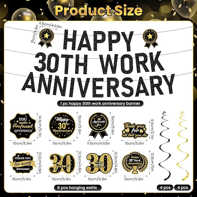 11pcs 30 Year Work Anniversary Decorations Black Gold Happy 30th Work Anniversary Banner Hanging Swirls Employee Appreciation Decorations Supplies 30 Year Workiversary Gifts for Employee Worker