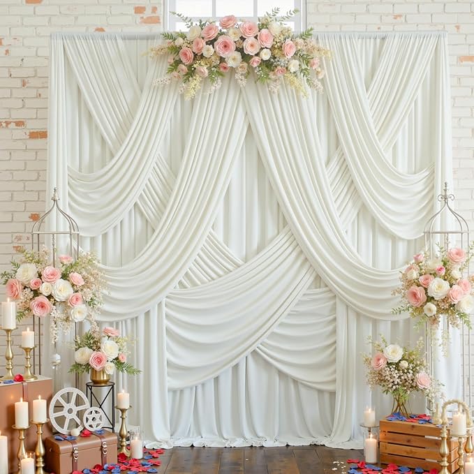 10 Panels 5x12ft Ivory Backdrop Curtains for Parties, Wrinkle Free Polyester Ivory Photo Backdrop Drapes 12 ft Long Back Drop Cloth for Wedding Birthday Photography Background Party