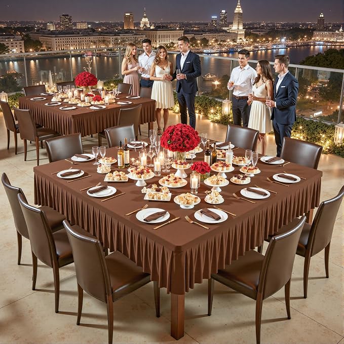 Wish Care Brown Spandex Tablecloths for 54x54 Inch Square Tables, Stretch Fitted Table Clothes with Pleated Ruffle Skirt for 54” Table, Wrinkle Free and Elastic, for Party Kitchen Home Dining