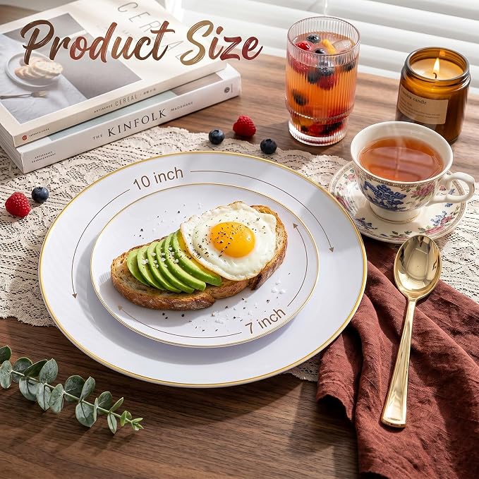 KIRE 100PCS White and Gold Plates - Plastic Disposable Plates - Includes 50Pieces 10.25inch Dinner and 50Pieces 7.5inch Dessert/Salad Plastic Plate for Wedding/Party/Baby Shower/Bridal Shower