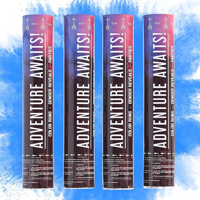 Adventure Awaits! - BABY GENDER REVEAL - 4-Pack Hand Held Air Filled Party Popper - 3 options: 4 Blue or 4 Pink or 2 Red/2 Blue - Check our store for other Color Run Festival colors! (4 Baby Blue)