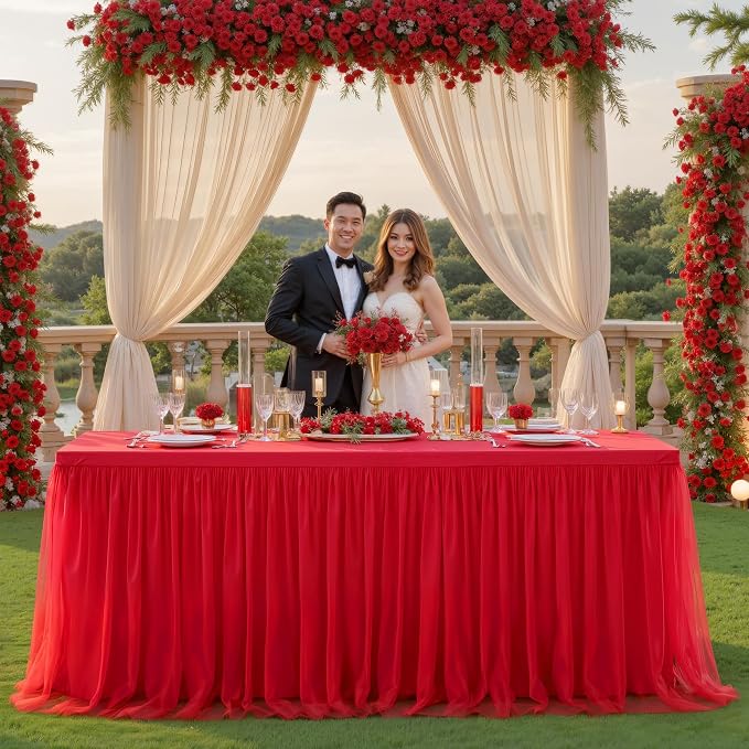 Suppromo 6 Pack 6ft Red Tulle Tablecloths for Rectangle Tables, 6 Foot Red Rectangular Table Cloth Wrinkle Free Tablecover with Tutu Skirt for Baby Shower Wedding Birthday Party Banquet Buffet Cake