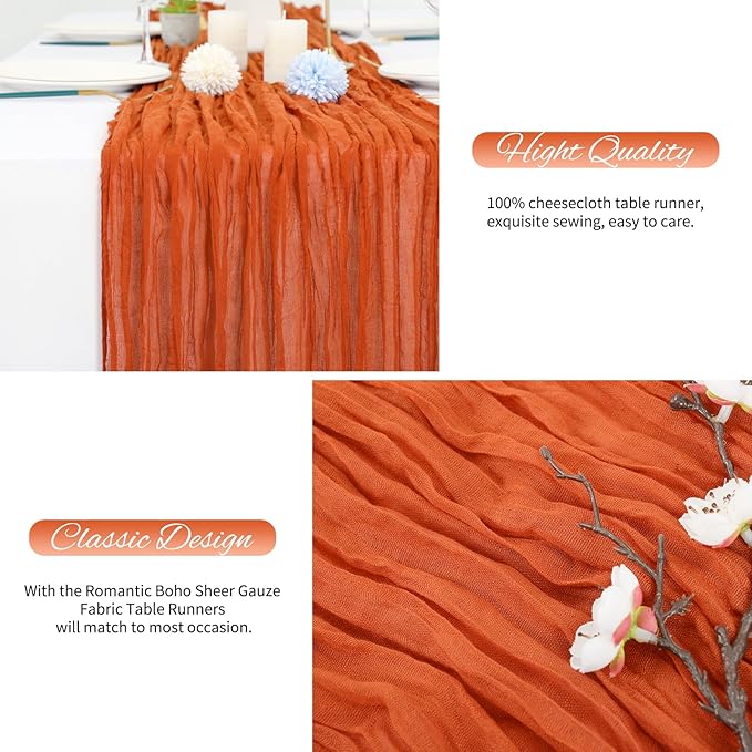 10 Pack Orange Cheesecloth Table Runner 10FT Boho Romantic Gauze Table Runner 20 x 120 Inch Rustic Sheer Runner for Wedding Party Bridal Shower Thanksgiving Christmas Decoration