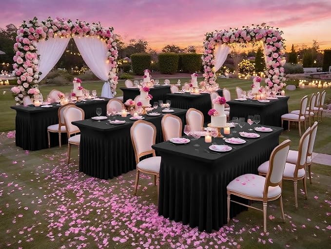 6 Packs Black Stretch Table Skirts for 6 Foot Rectangle Table, Washable Spandex Stretch Tablecloths with Skirt, Wrinkle Resistant Fitted Tablecover for Wedding Party Banquet