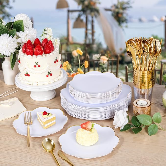 ejonirinjonir EI 180pcs White Plastic Plates with Gold Plastic Silverware,Heavy-Duty Disposable Plates for Party,White Dinnerware Set for 30 Guest Wedding,Birthday,Spring Afternoon Tea
