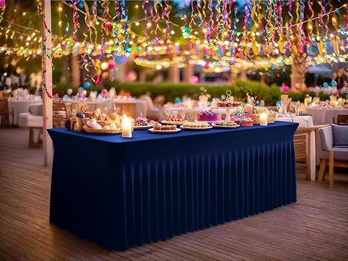 2 Packs Navy Blue Stretch Table Skirts for 6 Foot Rectangle Table, Washable Spandex Stretch Tablecloths with Skirt, Wrinkle Resistant Fitted Tablecover for Wedding Party Banquet