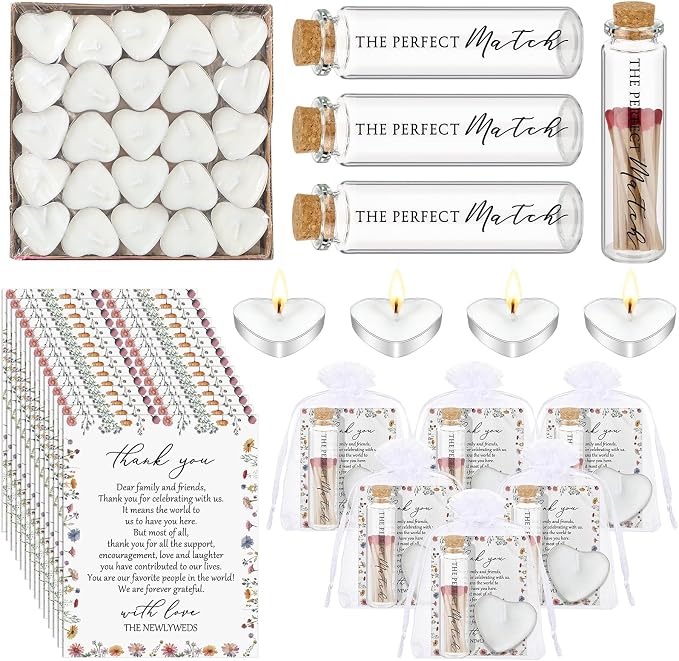 100 Sets Wedding Party Favors for Guests Bulk Including Heart Shaped Candles and Empty Matches Jars with Cork Top Thank You Cards and Organza Bags for Wedding Bridal Shower Party (Wildflower)