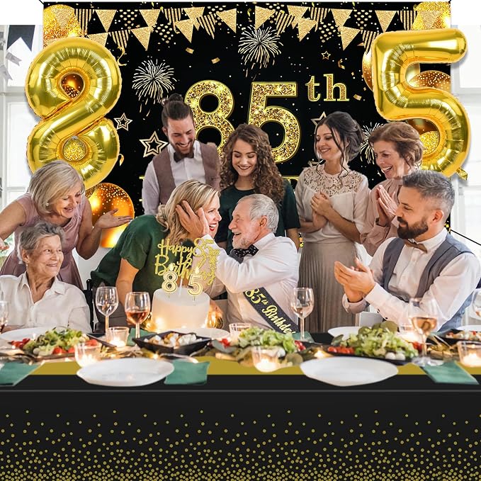 85th Birthday Decorations Men Women with 85th Birthday Banner, Black and Gold Table Cloth, Number Balloons, Sash, Cake Topper and Candles