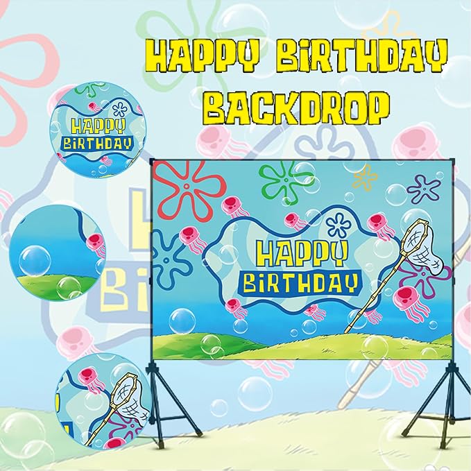 Yellow Happy Birthday Party Decorations Set-Ocean Cartoon Theme Set Including Balloons, Backdrop, Banner, Tablecloth, Hanging Swirls, Cake Cupcake Toppers Birthday Party Decor Supplies for Boys girl