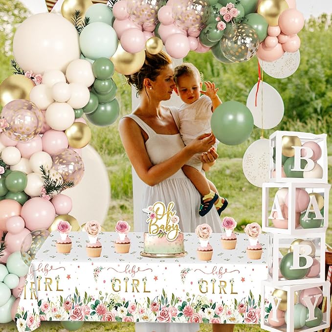 Baby in Bloom Baby Shower Decorations for Girl, Sage Green and Pink Party Supplies with 4pcs Balloon Boxes, "Welcome Baby Girl" Backdrop, Floral Tablecloth, 70pcs Balloon Garland Arch Kit