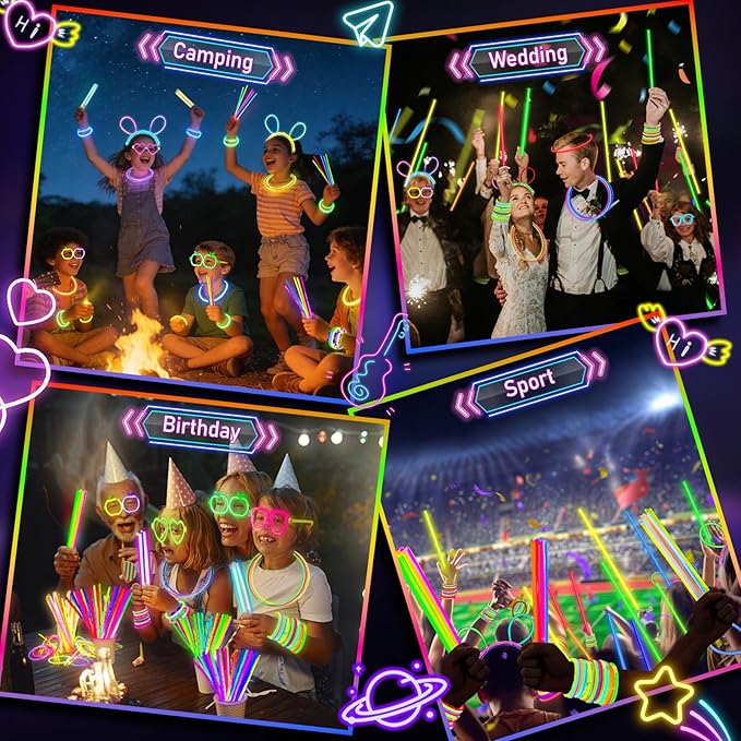 SHQDD 200 Glow Sticks Bulk Party Pack, 8” Neon Glow Sticks, DIY Glowsticks with Connectors Bracelets & Necklaces, Glow in the Dark Party Supplies for Kids, Adults, Parties, Halloween & New Year