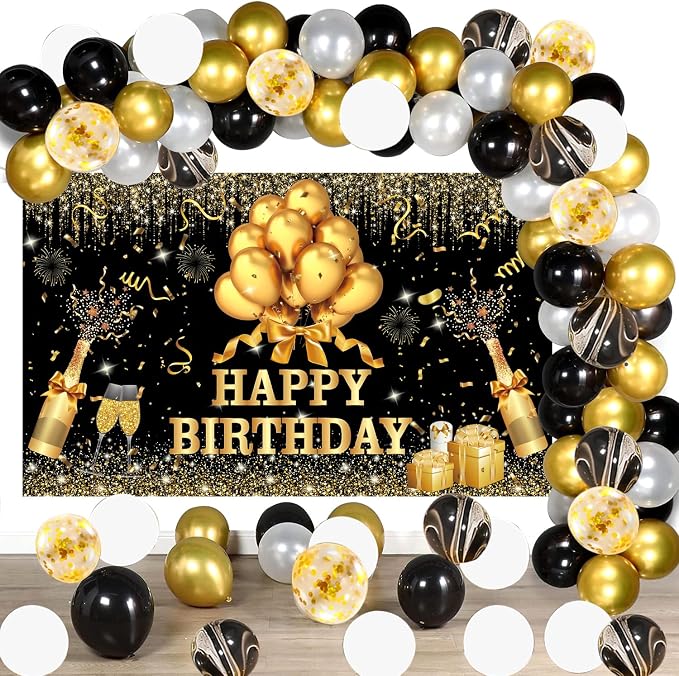 63 PCS Black Golden Birthday Party Balloons Decoration for Man Women | with Photo Backgrounds Backdrops Colth, Confetti Balloons, Happy Birthday Sign Banner Cloth