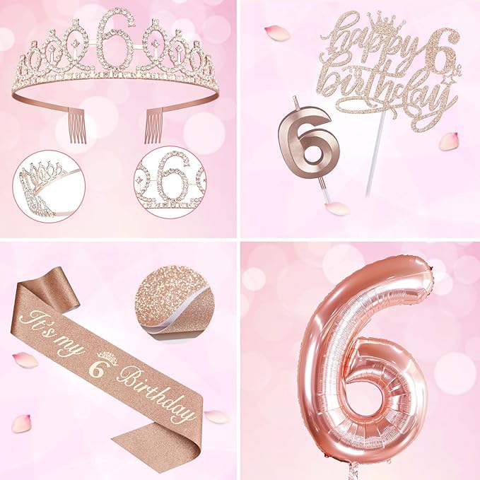 6th Birthday Decorations for Girls, Including 6th Birthday Sash and Tiara, Cake Topper and Candle, Number Balloon, 6 Year Old Girl Gifts