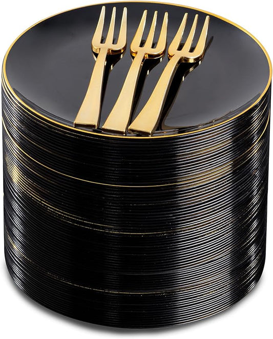 Festiva 200Pcs Black Gold Dessert Plates 6.3" with Plastic Forks 5"- Small Disposable Plates- Dessert/Cake/Appetizer Plastic Plates include 100Plates 100Forks for Tea Party & Birthday