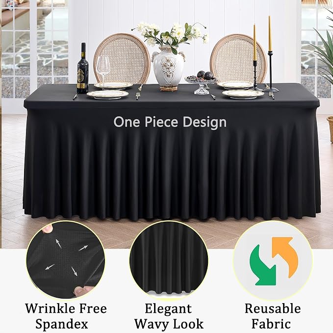 2 Pack Black Spandex Tablecloth for 5 Foot Rectangle Tables, Wrinkle Free Fitted Table Clothes Cover 5ft Stretchy Tablecloths with Skirt for Parties Weddings Birthday Banquet Baby Shower